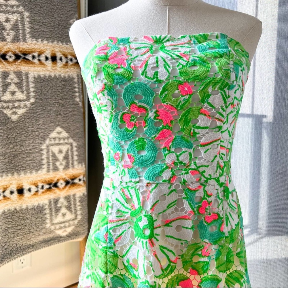 Lilly Pulitzer Rana Splish Splash White Green Pink Lace Off The Shoulder Dress 4 - Picture 2 of 8